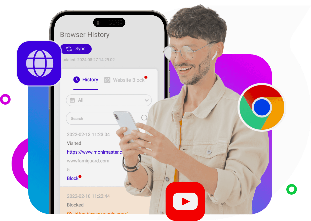 Child using a tablet with a browser open and a parent viewing a monitoring dashboard on a laptop