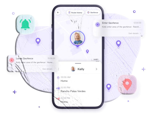 Mobile app screen showing geofence circle around school with notification settings