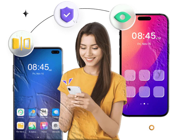 Parent viewing live camera feed from a child’s smartphone on a tablet; remote monitoring concept